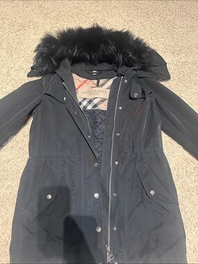 Burberry Black Trench-Style Parka with Fur-Trim Hood